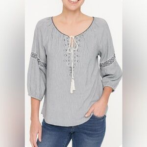 Westport Top XL Blue White Peasant Boho 3/4 Sleeve Embroidery Aztec Design